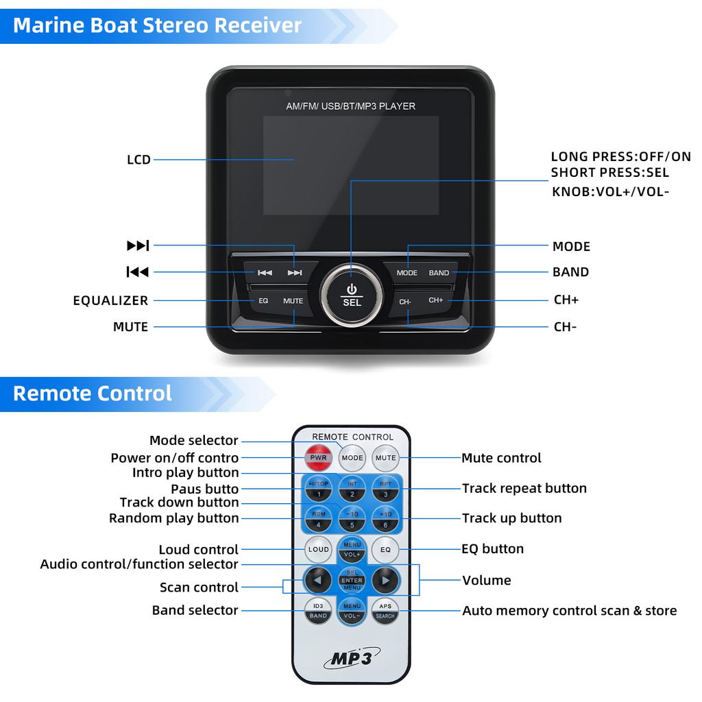 MP3 Player Marine Radio Boat Stereo FM AM Media Audio Player Bluetooth-compatible Waterproof For Yacht ATV UTV Boat Accessories