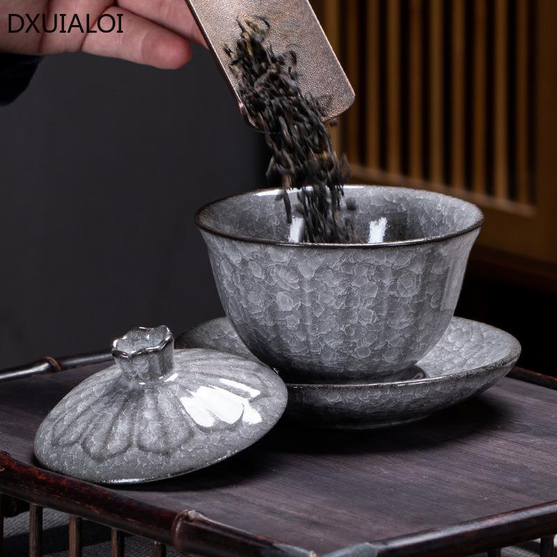 Ceramic Sancai Cover Bowl Teacup Ice Crack Ceramic Kungfu Tea Set Tea Bowl Gaiwan Tea Set Gift 200ml