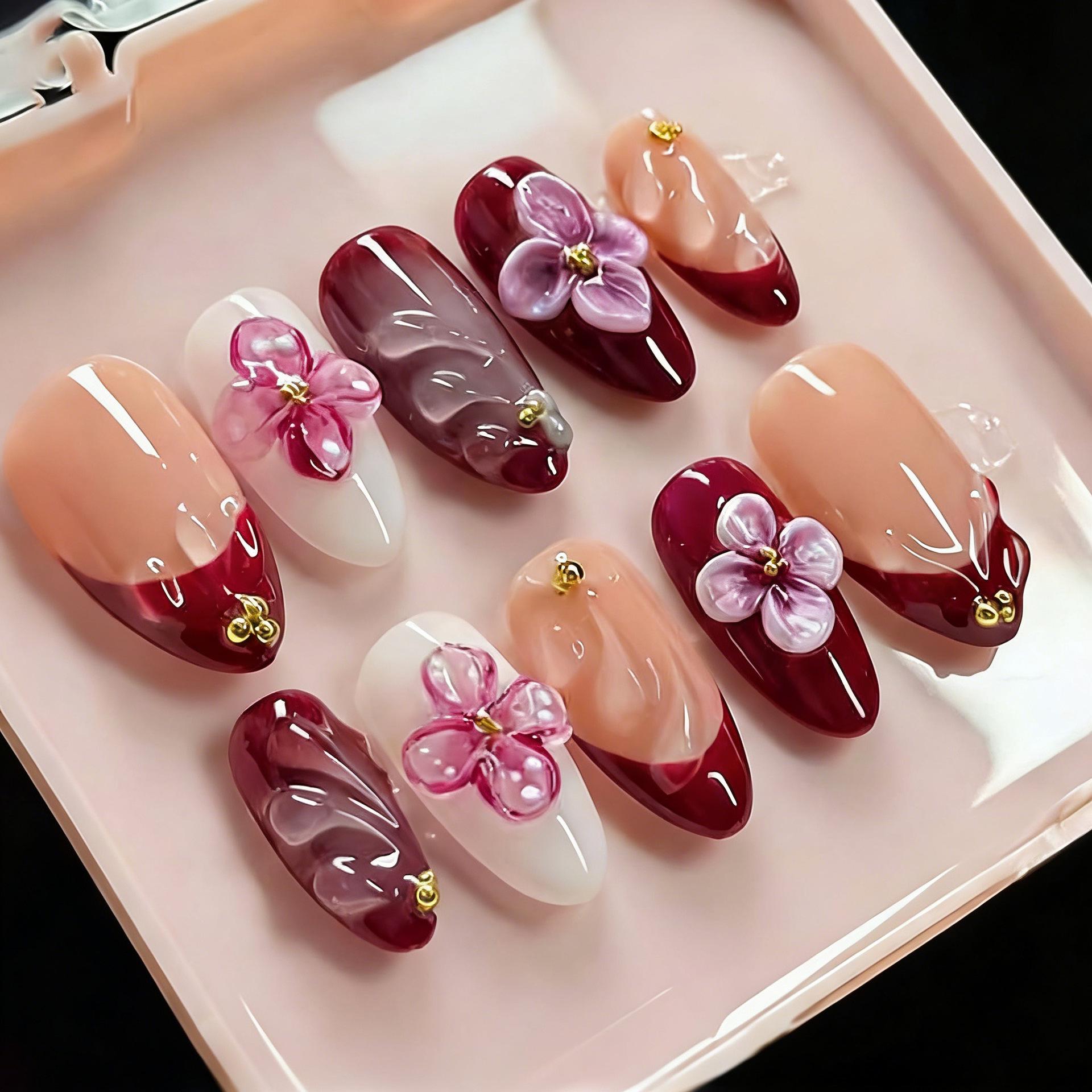 30-Piece Set: High-Grade 3D Floral Rhinestone French Almond Wearable Brown Nails.