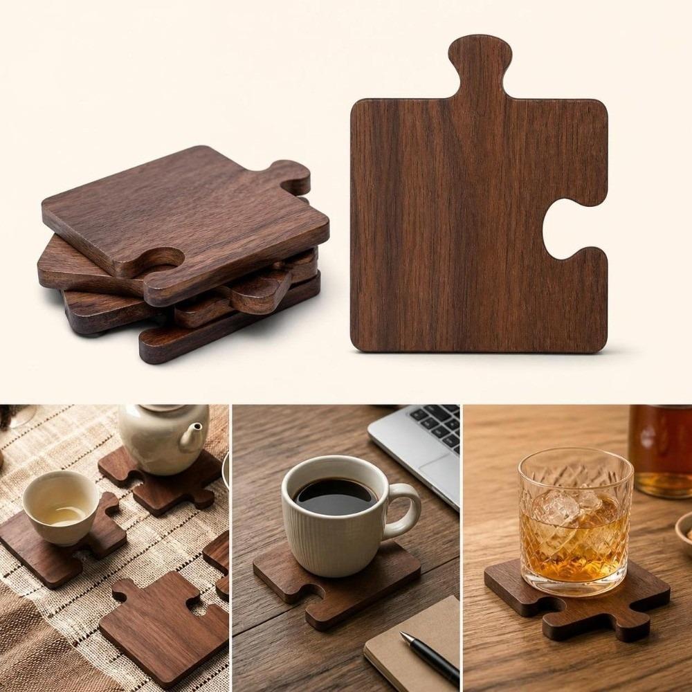 4pcs Heat Resistant Puzzle Coasters Non Slip Tea Cup Mat Creative Wooden Coaster Set  Dining Table