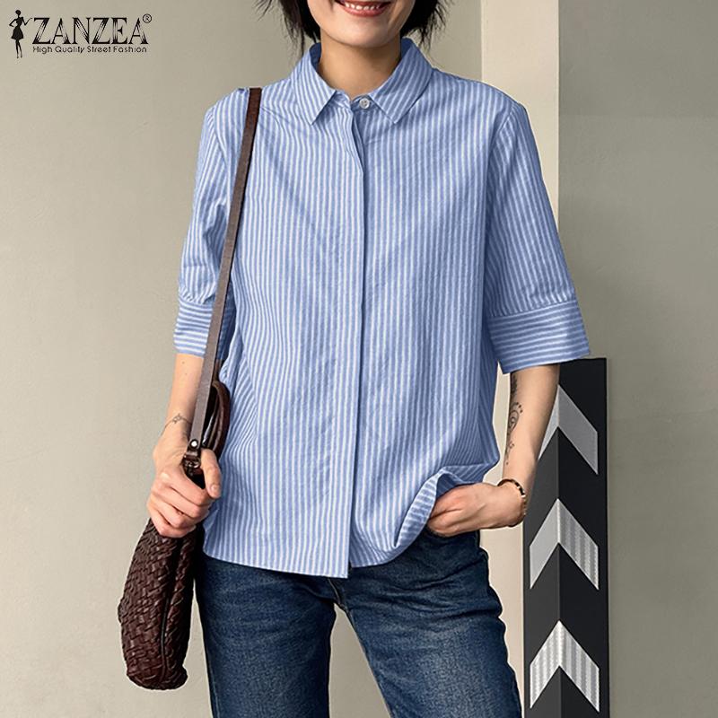 ZANZEA Women Casual Turn Down Collar Loose 3/4 Sleeve Stripe Blouse