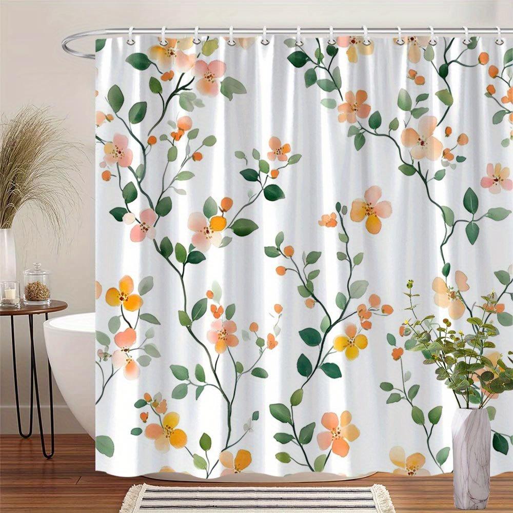 1 Delicate Orange And Peach Floral Shower Curtain, Soft Watercolor Design, With Hooks, Polyester Fabric, Machine Washable