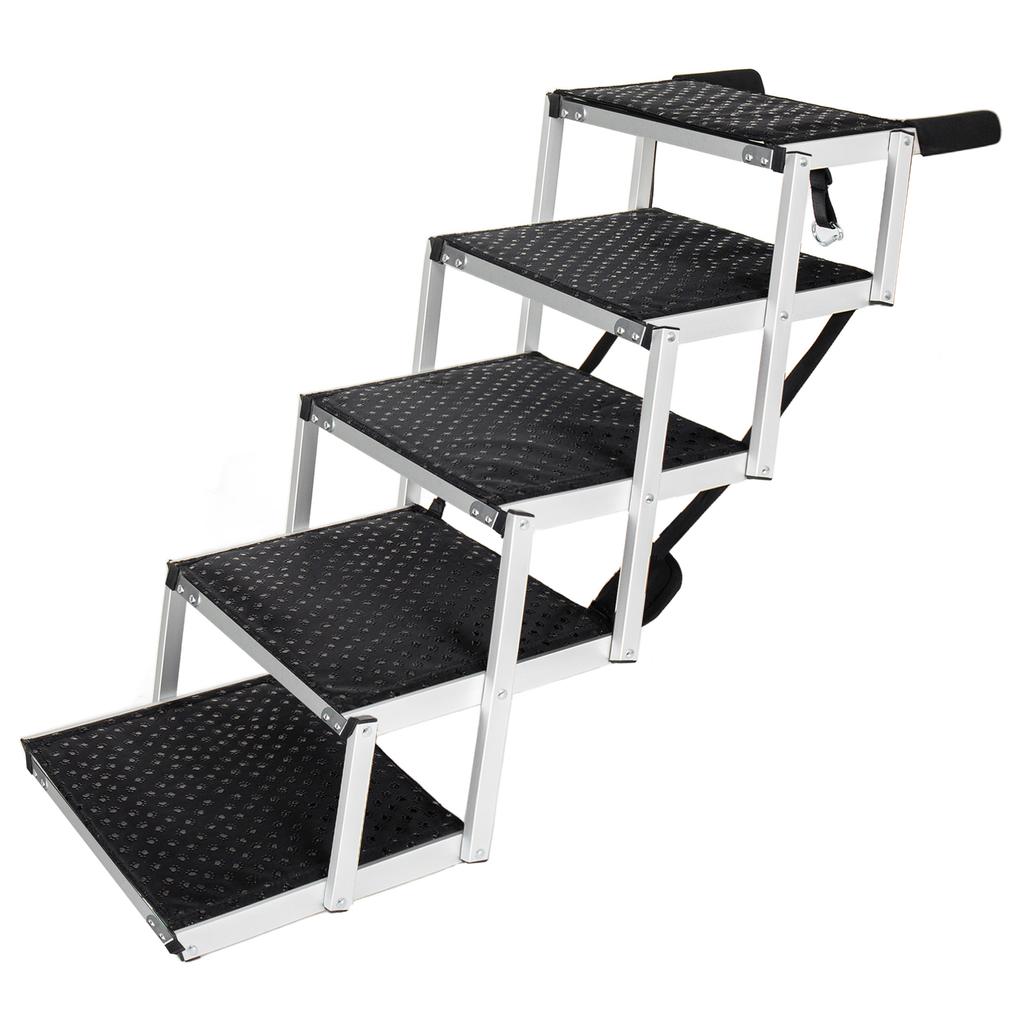 Foldable Aluminum Dog Ramp with 5 Steps, Non-slip Surface and Soft Foam Handle, Sturdy Ramp for Car, High Bed and Truck, Load Capacity up to 110 kg
