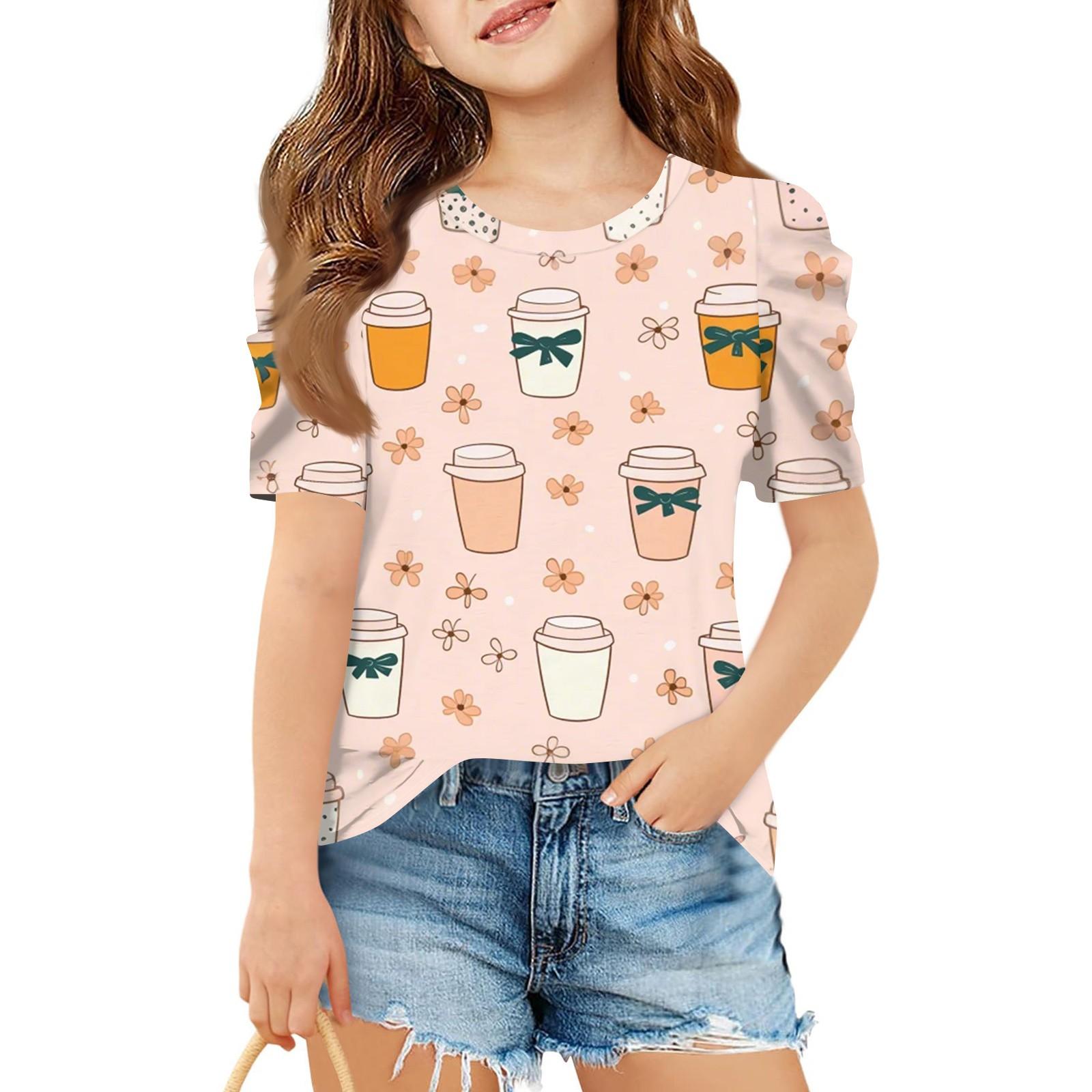 

Летний топ с коротким рукавом для девочек, детская милая футболка с принтом и круглым вырезом в повседневном стиле 110