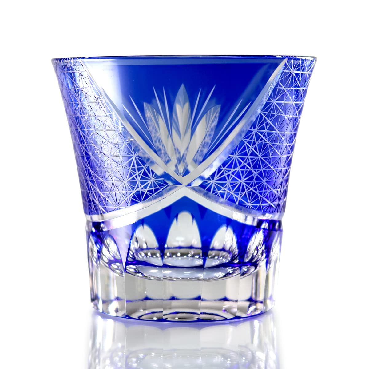 

GREEM MARKET Cut Glassware, Crafts, Shochu Glass, Chrysanthemum Pattern, with Wooden Box, Product Number: GMS00763 (Blue)