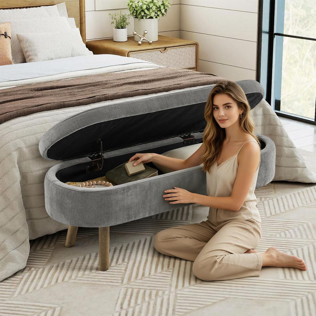 Multifunctional Bench, Soft Chenille, Wood Legs, Wood Frame, 20L Storage Space, 110x40x42cm, for Bedroom, Living Room, Shoe Bench, Hallway, Dark Gray