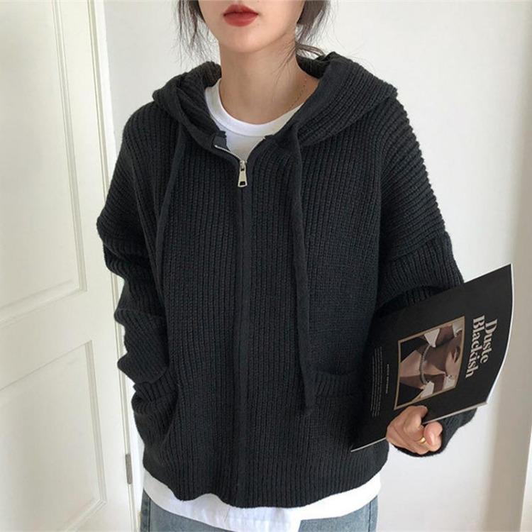Loose Knitted Hooded Sweater Cardigan Coat Solid Color Womens Top