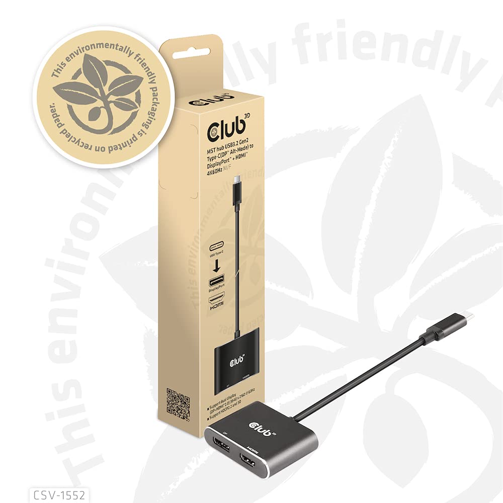 Club 3D MST Hub USB 3.2 Gen2 Type-C (DP Alt-Mode) to DisplayPort + HDMI 4K60Hz Male/Female Dual Display Splitter Hub (CSV-1552)