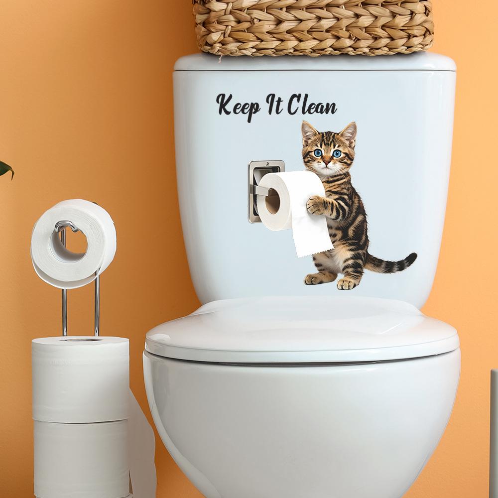 Adesivo da Toilette Gatto Tigrato Cartone Animato Rimovibile Autoadesivo Decorazione Bagno