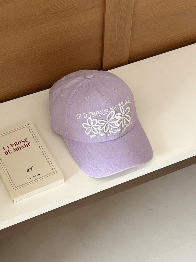 Korean Summer Flower Embroidered Baseball Cap For Women Soft Top Retro Casual Wide Brim Face Slim Peaked Sun Hat