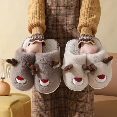 Damen Hausschuhe Davids Hirsch 2024 Winter Neu Cartoon Zuhause Paar Warm Rutschfest Plüsch Baumwollhausschuhe Dicke Sohle Hausschuhe
