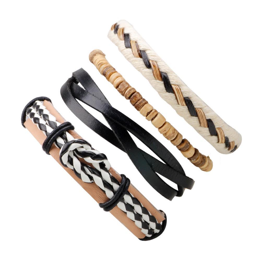 Men's Retro Multi-Strand Cowhide Anchor Bracelet Set with Wood Beads