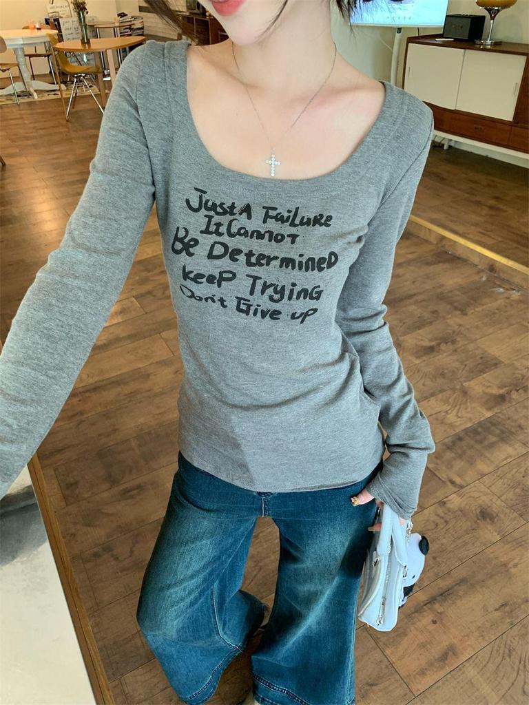 Women's Retro Slim Fit U-Neck Long Sleeve T-Shirt - Early Spring Base Layer