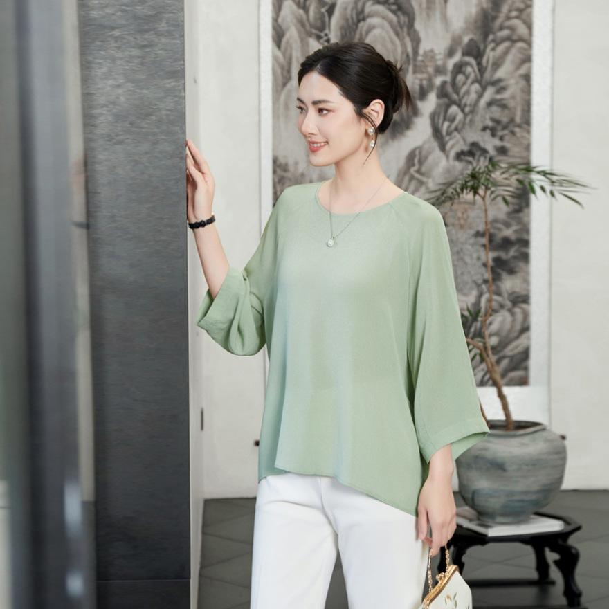 

Шелковая футболка с коротким рукавом и круглым вырезом женская летняя новая свободная и тонкая футболка топ из шелка тутового дерева L зелёный