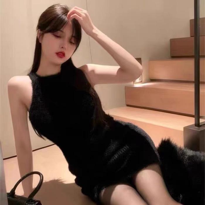 Douyin Tmall Elegant Women s Mid-Length Wool Dress - Autumn/Winter Bodycon Knit Style One Size чёрный