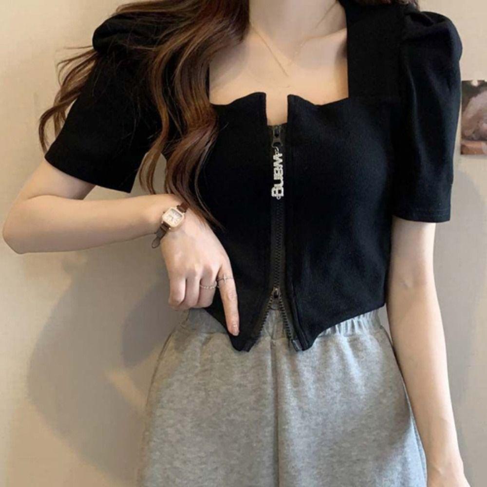 Loose Double Zipper T-shirt Square Neck Crop Tees for Women Fashion Short Sleeved T Shirts  Summer