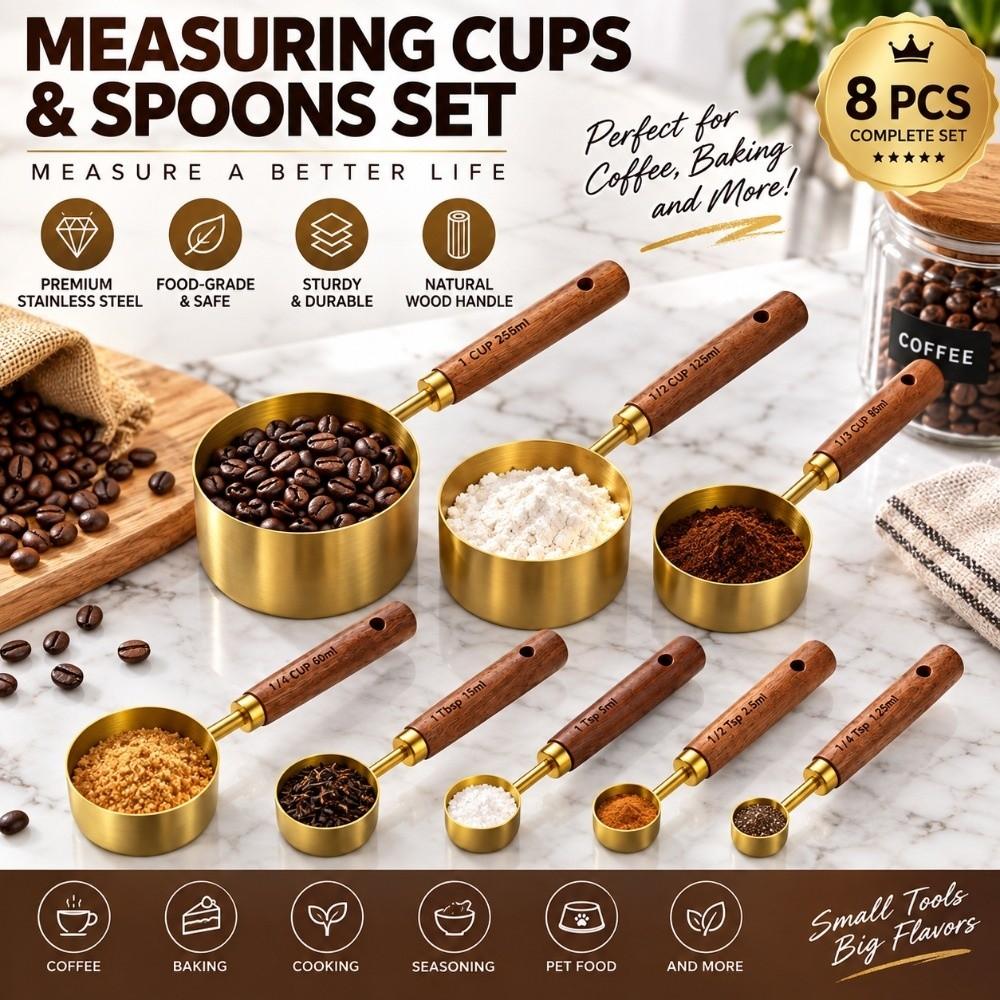 8Pcs Wooden Handle Measuring Spoon Set Gold Brown Baking Measuring Tool Home Kitchen