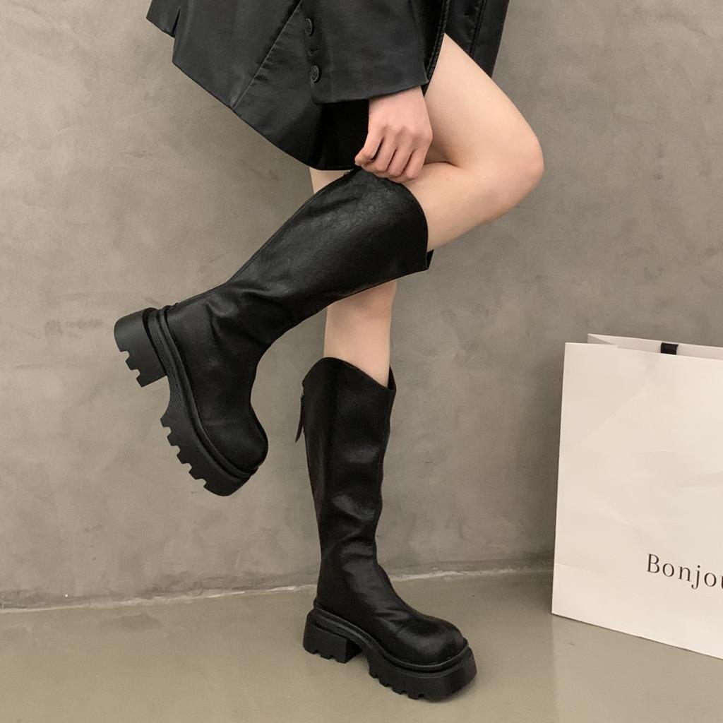 Large size women's shoes size 41-43 but knee V-mouth boots autumn and winter fashion thick-soled thin boots Spice girls black knight boots