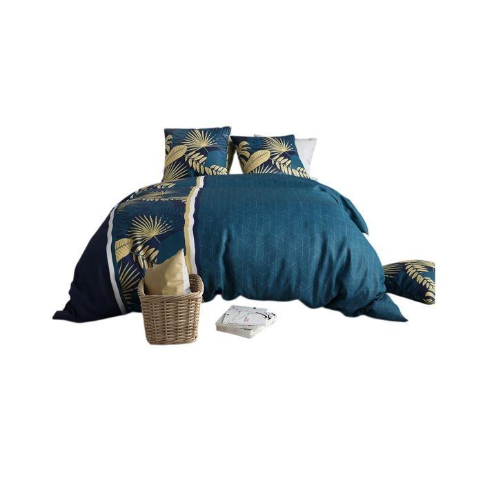 Parure de lit - Housse couette + 2 taies - 220 x 240 cm - Motif feuillage doré - Confort 100% coton