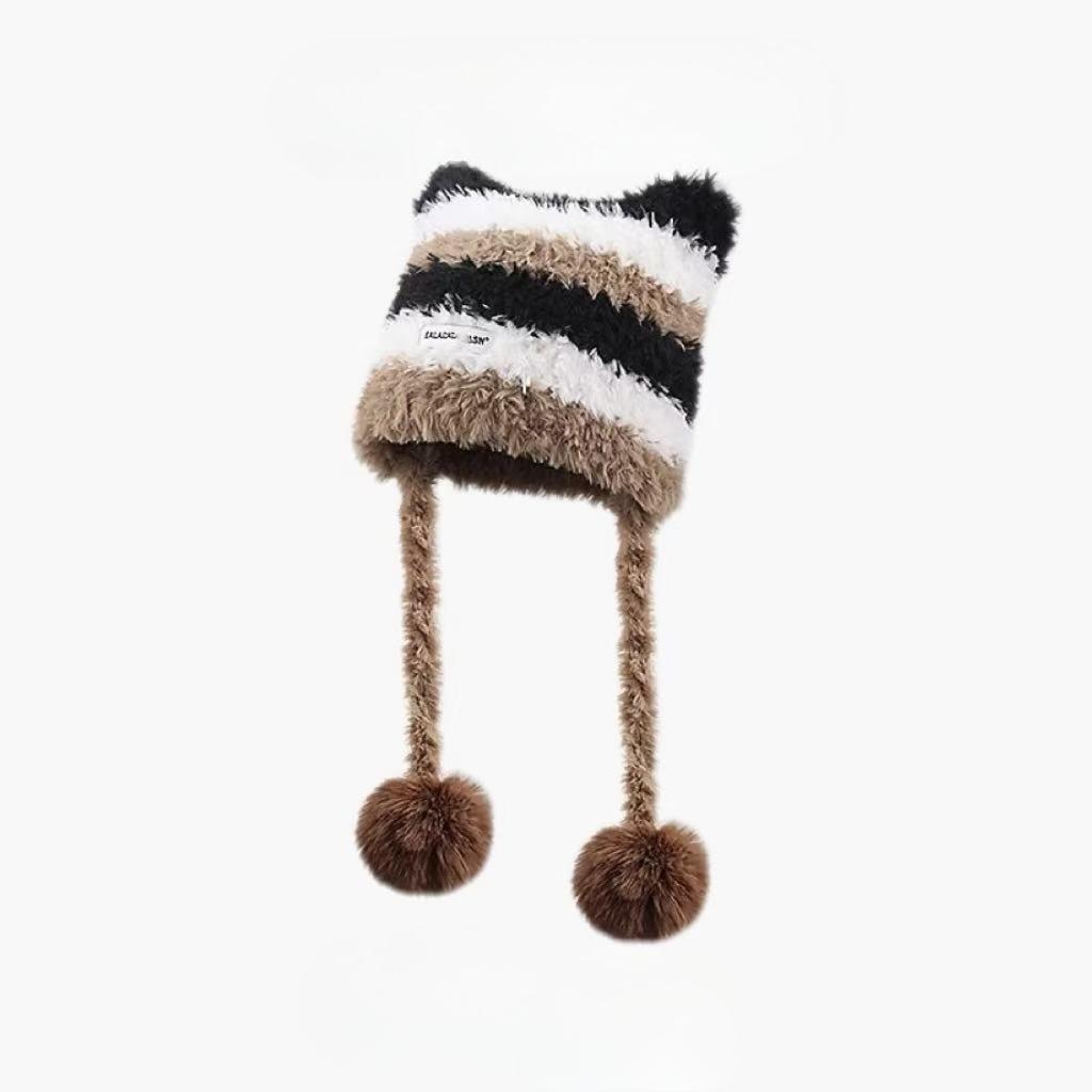 Striped Knitted Hat Fluffy Earflap Wool Hat Winter Korean-Style Warm Versatile Can Be Used As A Bag