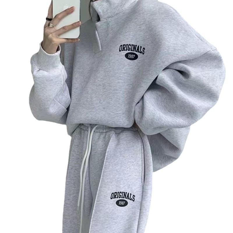 Women's 2024 Autumn/Winter Fleece-Lined Sweatshirt & Sweatpants Set - Fashionable Casual Two-Piece for Running or Sports
