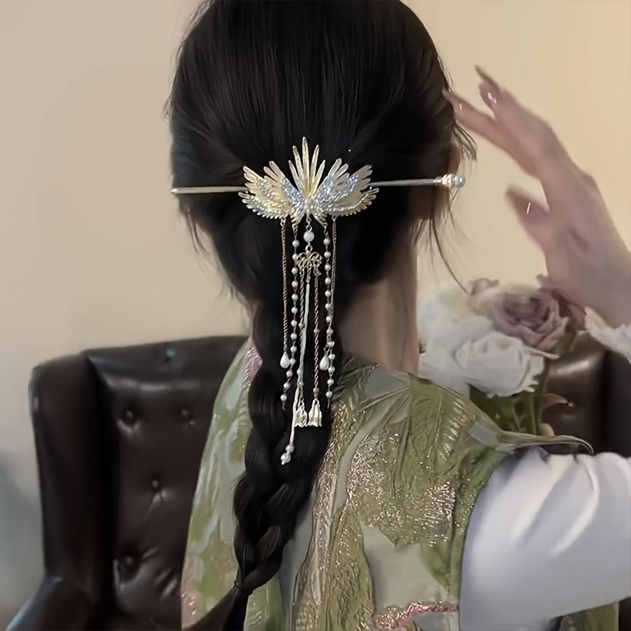 Vintage-Inspired Angel Wings Hair Clip Exquisite Faux Pearl Tassels Rhinestone Embellishments Zinc Alloy Metal Hairpin