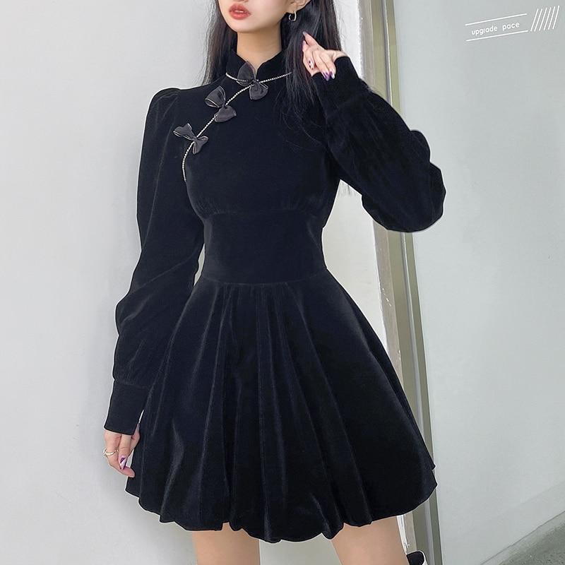 Cheongsam Darlingaga Vintage Elegante Gothic Dark Bow Velour Schwarzes Kleid Herbst Winter Chinesischer Stil Plissee Kleider Party Diamanten Kleidung