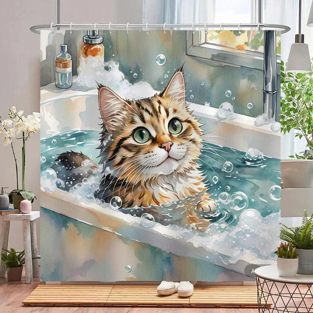 Funny Bathing Cat and Dog Shower Curtain Waterproof Bathroom Curtain Creative and Interesting Partition Bath Curtain with Hooks