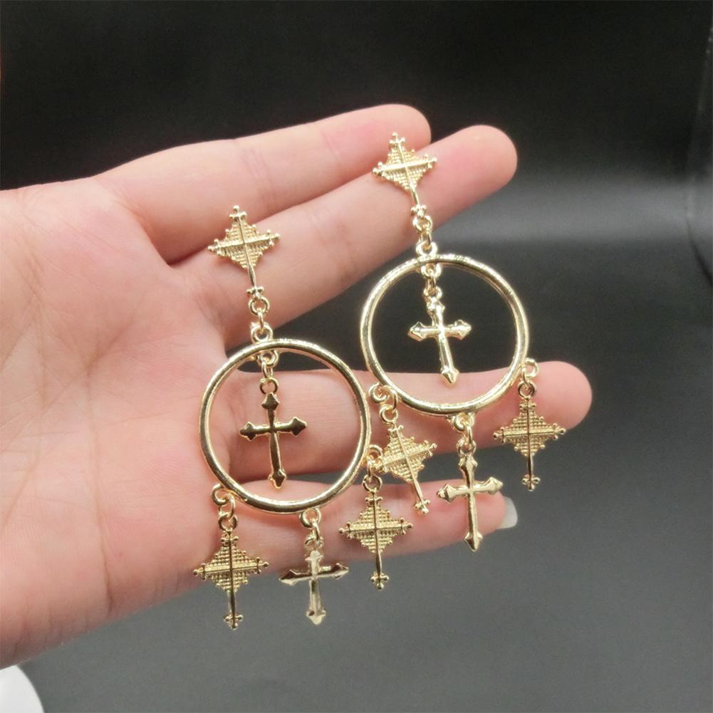 Women Metal Cross Design Earrings Long Alloy Engraved Delicate Earrings