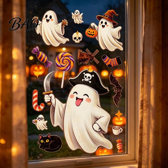 Spooky Theme Party Supplies Halloween Static Window Clings, Glass Stickers with Ghost Cat Bat Shop Displays Patterns, Reusable Holiday Decals