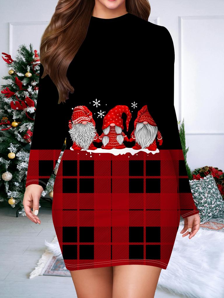 2025 Herbst und Winter Neues Damenkleid mit Hüftumspielung, 3D Weihnachtsmann Druck und Färbung Damenmode Langarm Rundhals Sexy Hüftumspielendes Kleid