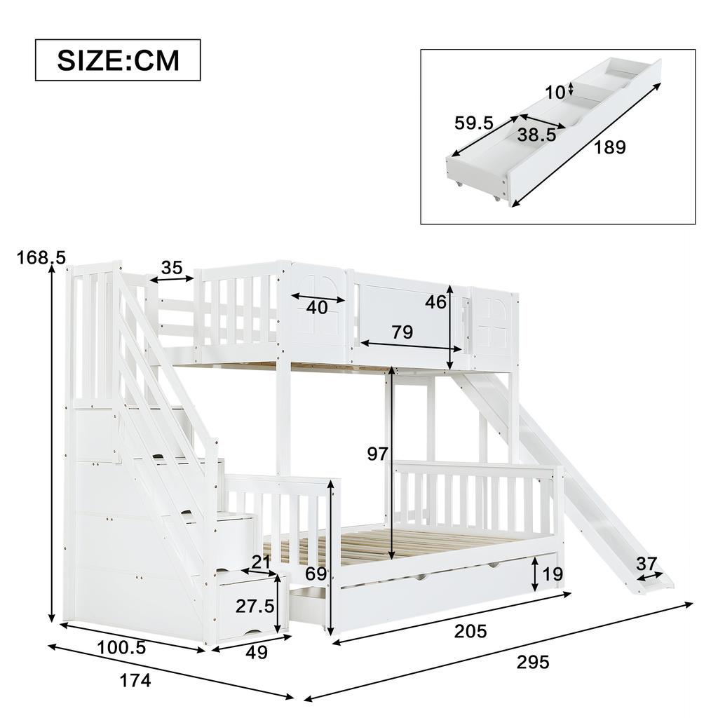Bunk Bed, Children's Bed With Window, With Kids' Slide, Drawers with Wheels, Stairs with Handrail, With 4 Lockers In Stairs, Pine+MDF, White, 90x200