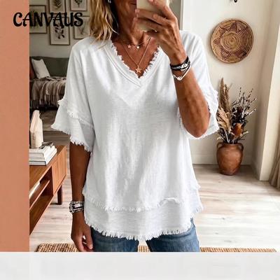 Nuova Blusa a Maglia con Scollo a V a Maniche Corte, Vestibilità Larga, per Uso Casual da Donna