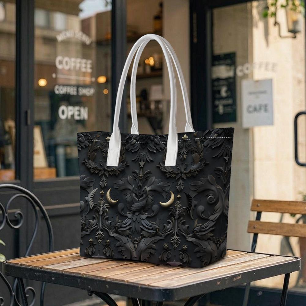 Gothic Dark Pattern Tote Bag Elegant Moon Decor Casual Portable Shoulder Handbag for Daily Use