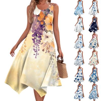 Abito lungo da donna casual, senza maniche, con scollo rotondo, stampa floreale vintage e orlo irregolare