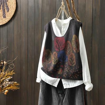 Literary Retro Printed Cotton Knitted Loose Women's Autumn Winter V-neck Stacked Waistcoat Top Sweater Vest Trendy