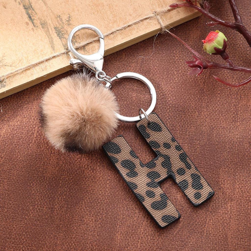Western Cowboy Leopard Print Leather Keychain with Acrylic Letter and Plush Ball Accessories