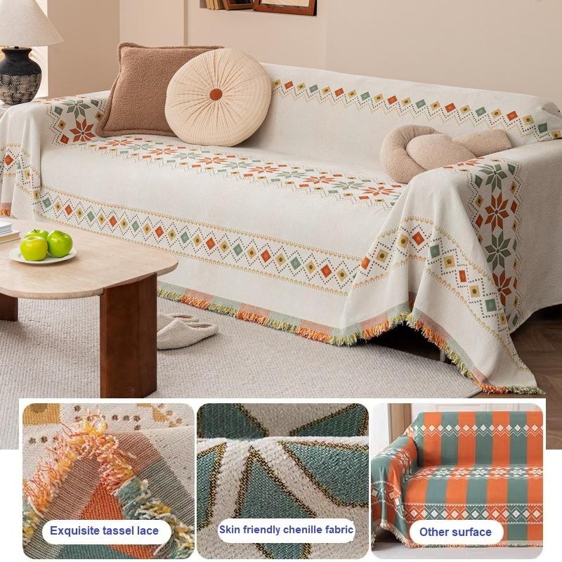Popular Jacquard Chenille Sofa Towel With Tassels Decor For Living Room, Picnic,Camping, Large Blanket Leisure Relax Beach