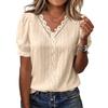 Women Casual Hollow Out Short Sleeve Blouse V Neck Lace Trim Puff Sleeve Lightweight Top for Everyday Wear