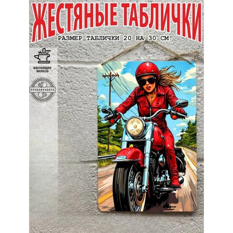 Металлическая табличка «Девушка на мотоцикле», Декор для стены гаража, Плакат