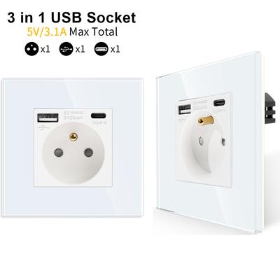 French Power Socket With Usb For Home,dual Usb Plug 5v 3.1a Glass Panel 86*86mm Usb Wall Socket Smart Led On/off 16a Outlets