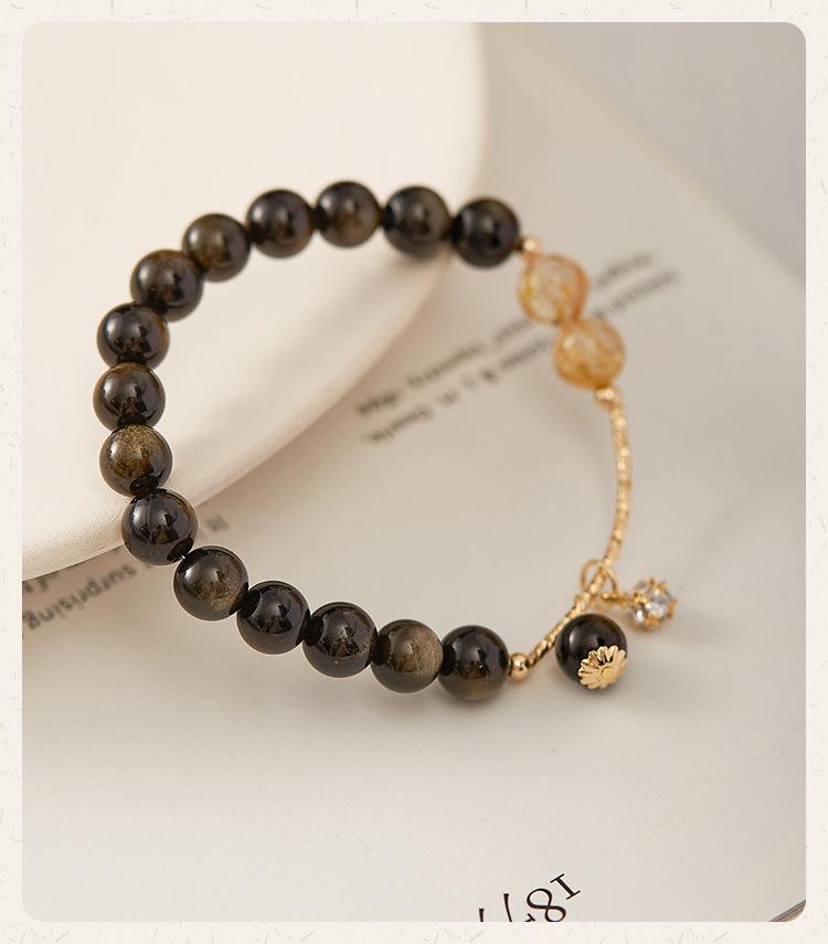 

Женский браслет из натурального золотого обсидиана и золотистого кварца-рутила - 6 мм бусины, хрустальные украшения «кошачий глаз». Obsidian Bracelet 16-17cm Wrist