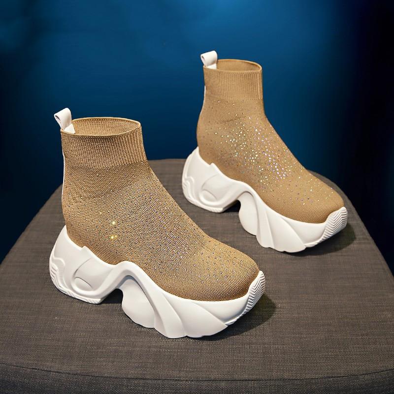 Moda Nuevo 8CM Botines de Punto Elástico Calcetín de Tela Plataforma Cuña Tobillo Slip on Primavera Otoño Moda Mujer Zapatos Bling de Pedrería