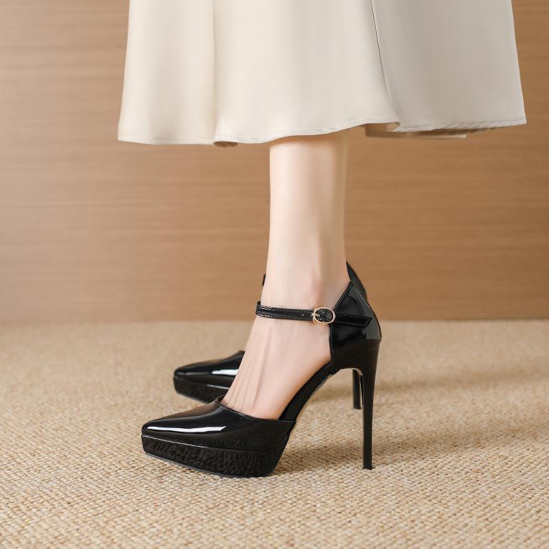 721-3 Black Patent Leather 12cm Stiletto Heels, Pointed Toe, Waterproof Platform, Fashionable Nightclub/Work Shoes for Women.