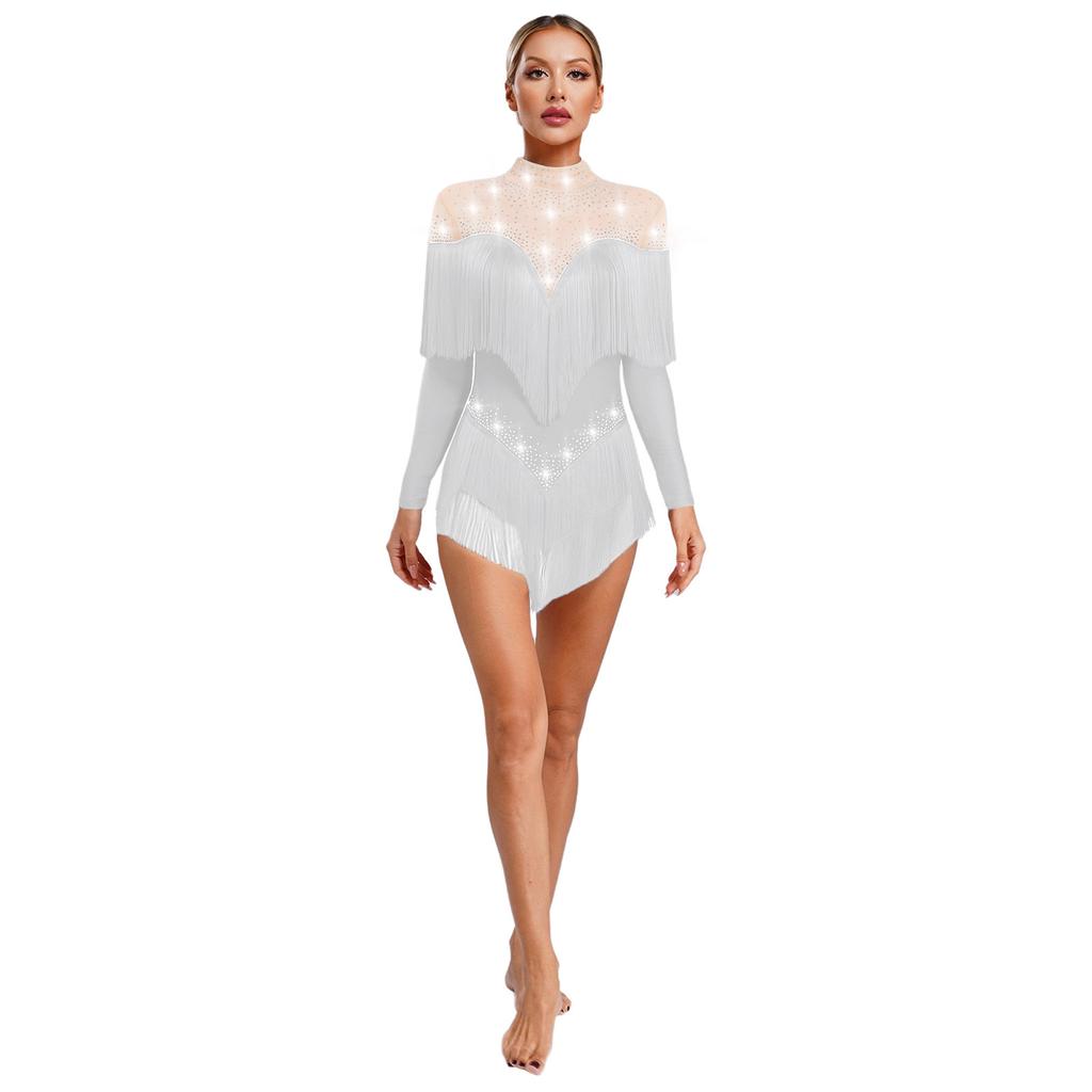 Stage Dance Bodysuit for Women - Latin Style with Tassels, Shiny Rhinestones & Sheer Mesh Long Sleeve Design