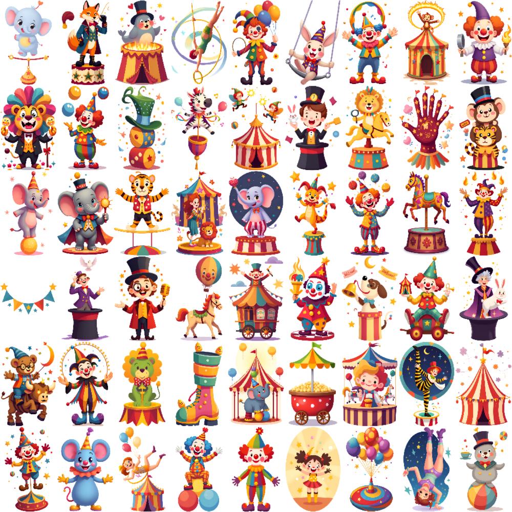 54 peças Tatuagem Temporária Personagens de Circo Adesivos de Tatuagem Temporária Elefantes Fofos Desenho Animado Para Meninas Crianças Homens