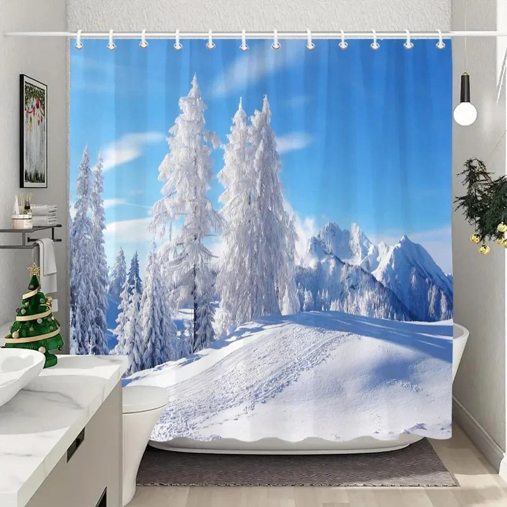 Winter Outdoor Forest Snow Shower Curtain Farmhouse Mountain Landscape Polyester Fabric Washable Shower Curtains Bathroom Decor