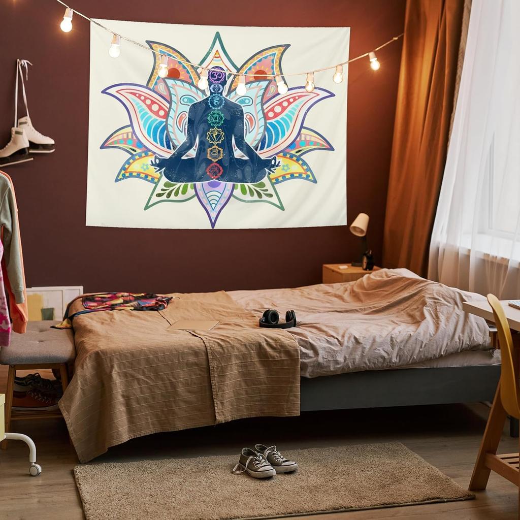 Chakra Yoga Meditation Wall Tapestry Spiritual Art Boho Decor Mindfulness Practice Room Hanging Colorful Mandala Design