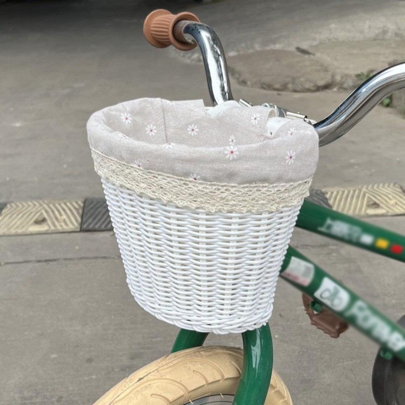 Hand-Woven Rattan-Style Detachable Bicycle Storage Basket for Children's Scooters - Small, Lidless