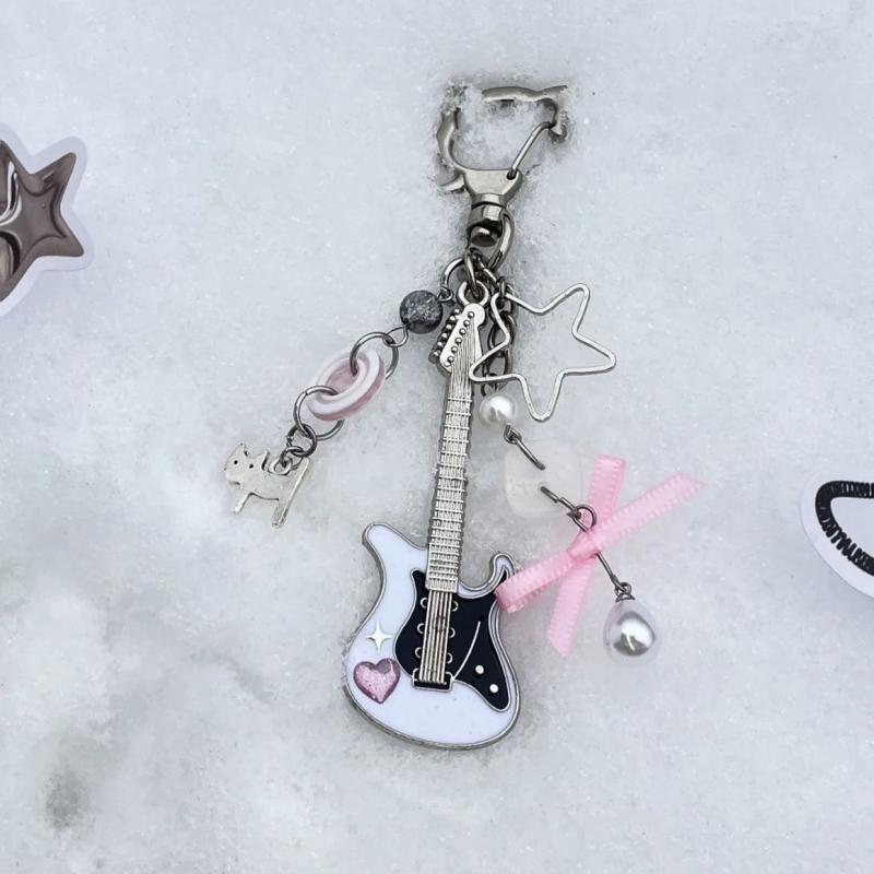 Y2K Guitar Cat Key Chain For Men Women Cool Pentagram Bow Pendant  Rock Punk Bag Accessories Gift